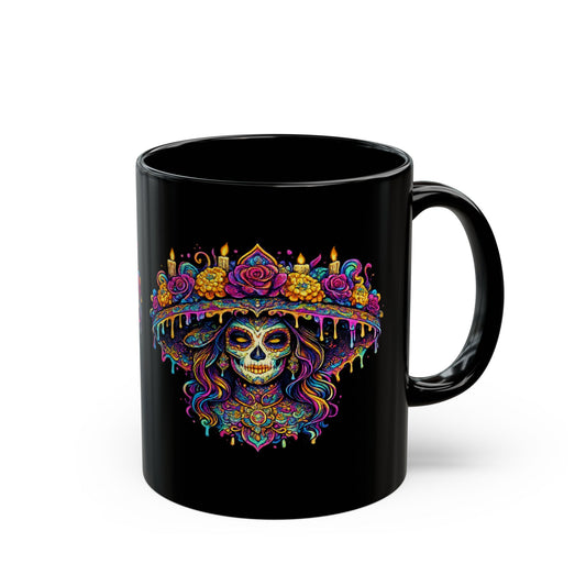La Catrina sugar skull design wrapping an 11oz black ceramic mug
