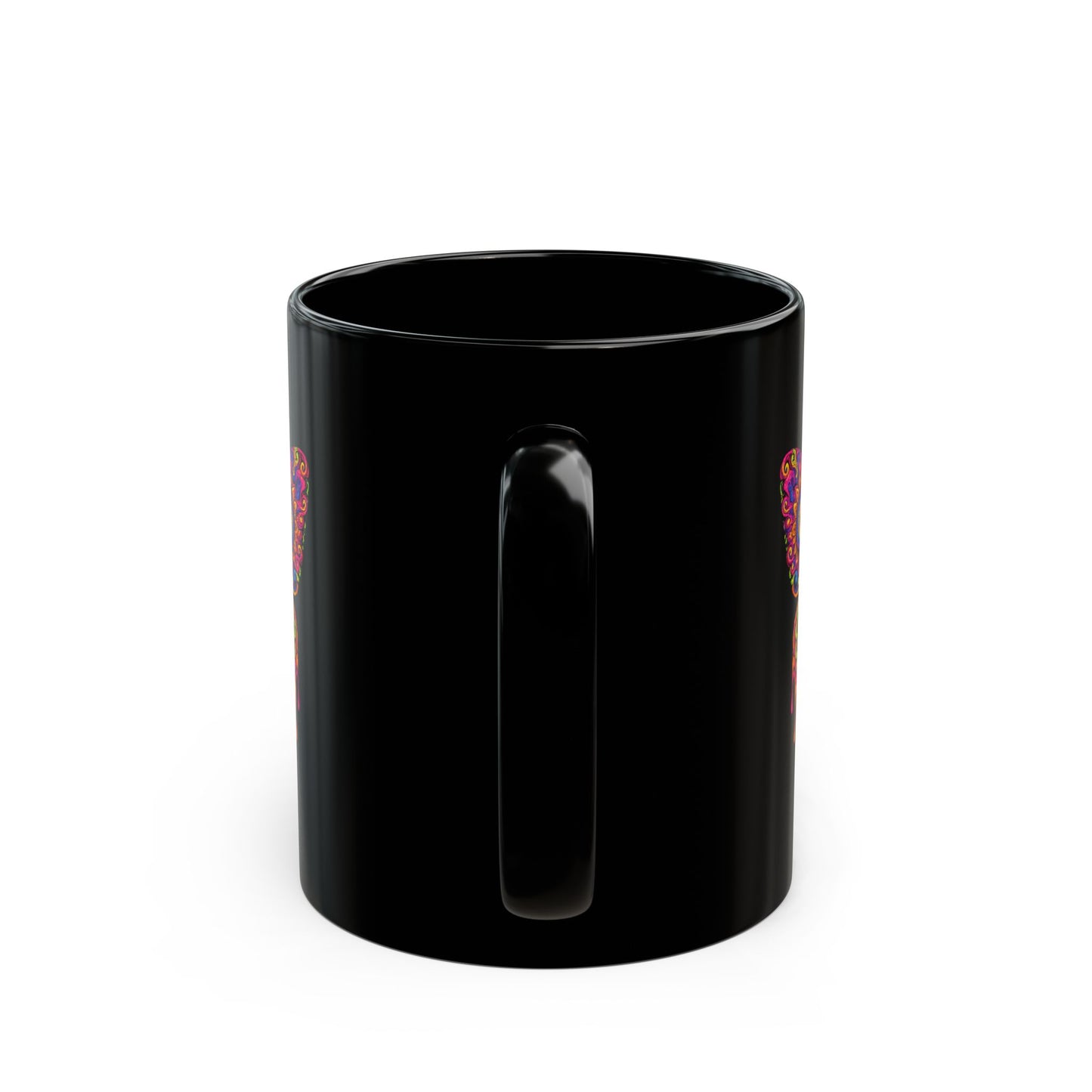 Psychedelic Moth Sugar Skull Mug — Day of the Dead Black Ceramic Coffee Cup