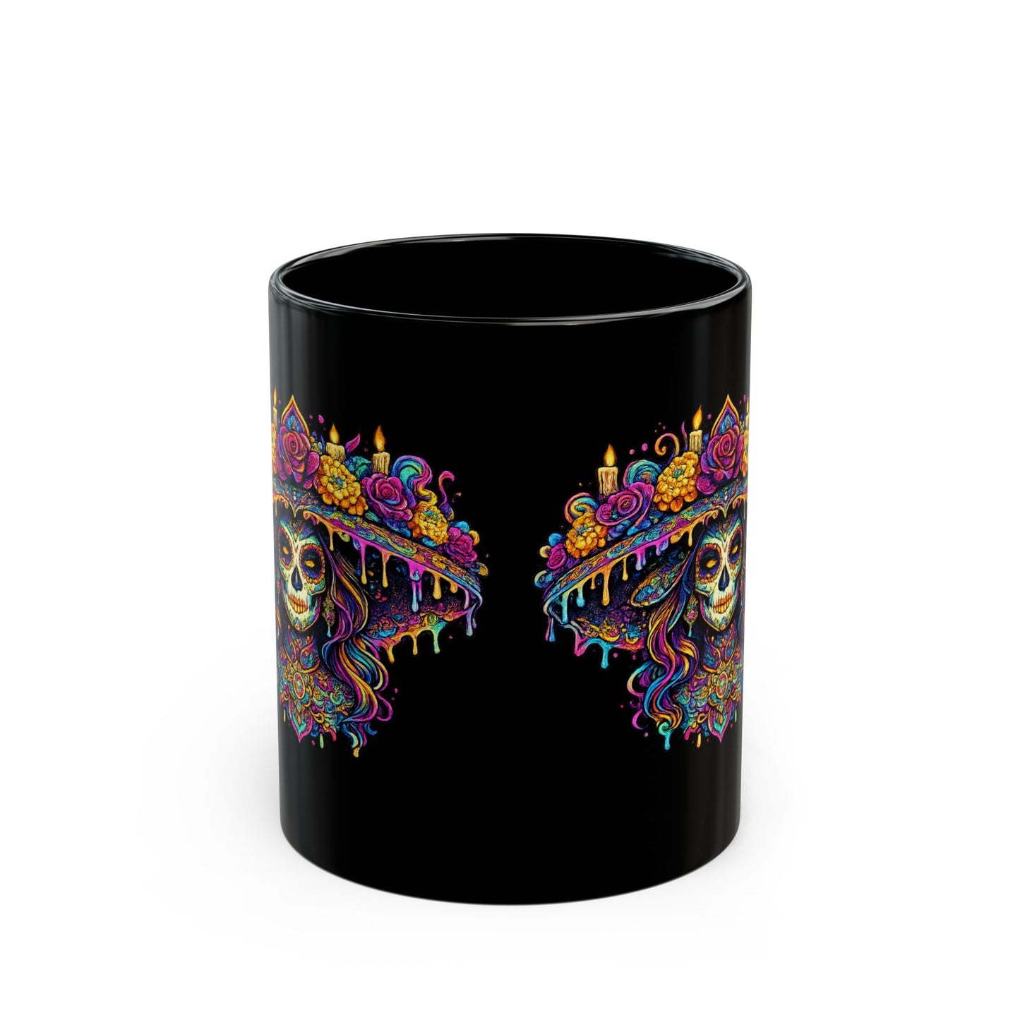 La Catrina Sugar Skull Mug — Day of the Dead Black Ceramic Coffee Cup