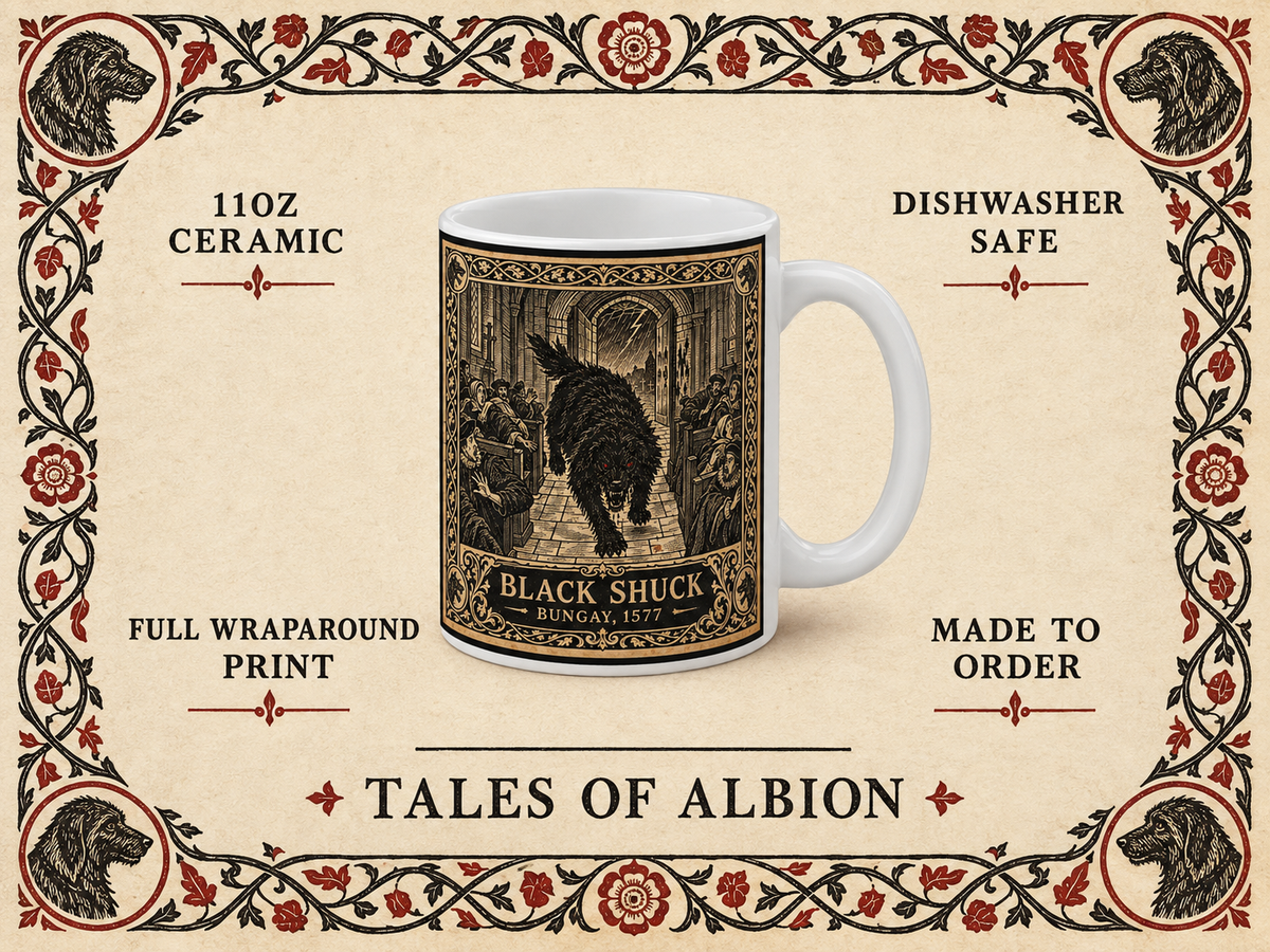 Black Shuck folklore mug — 11oz white ceramic mug with the ghostly black hound woodcut, front view