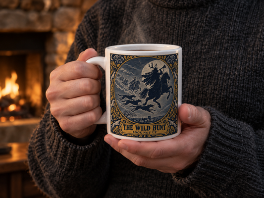 Hands in a charcoal knit jumper holding the Wild Hunt mug by a lit stone fireplace
