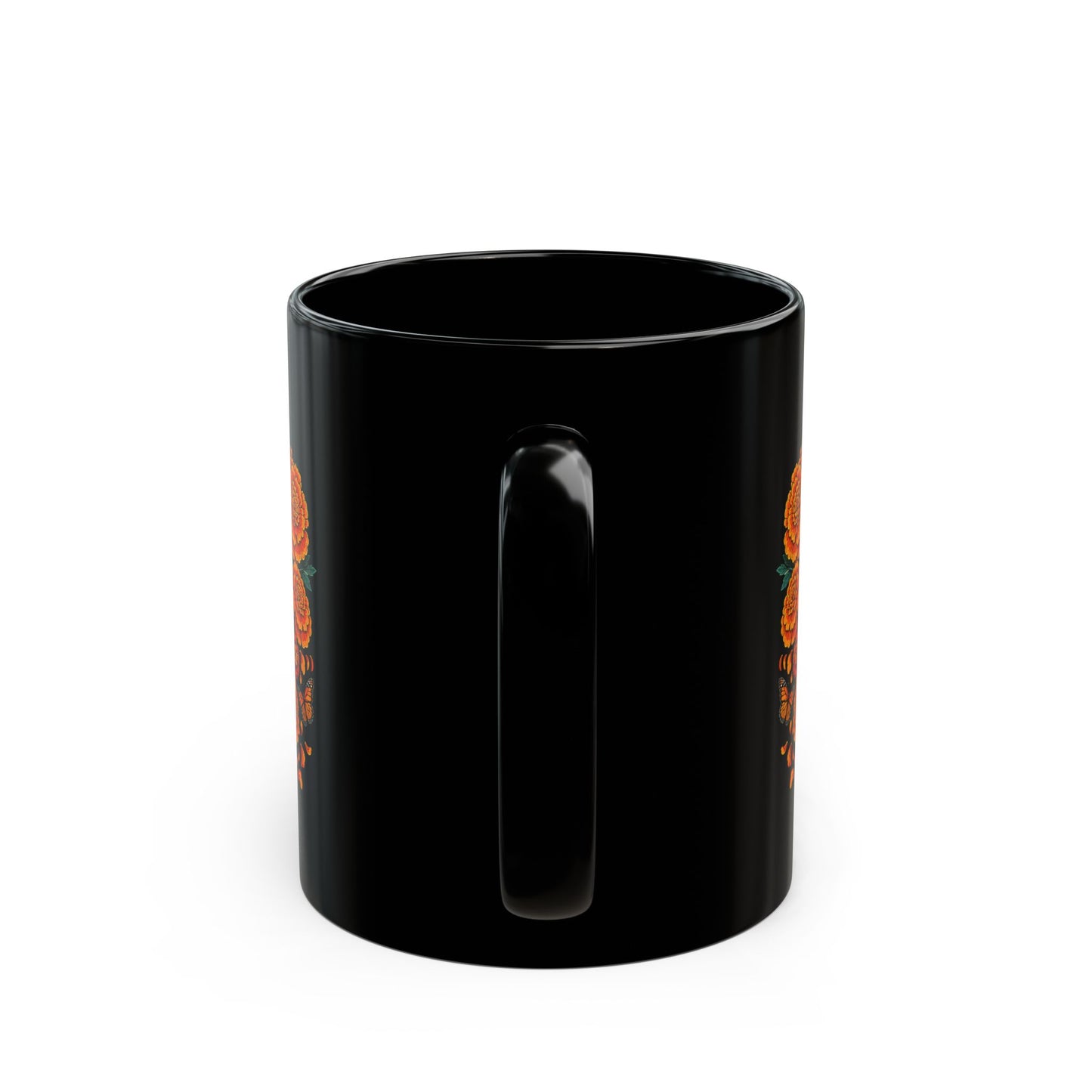 Marigold & Monarch Sugar Skull Mug — Day of the Dead Black Ceramic Coffee Cup
