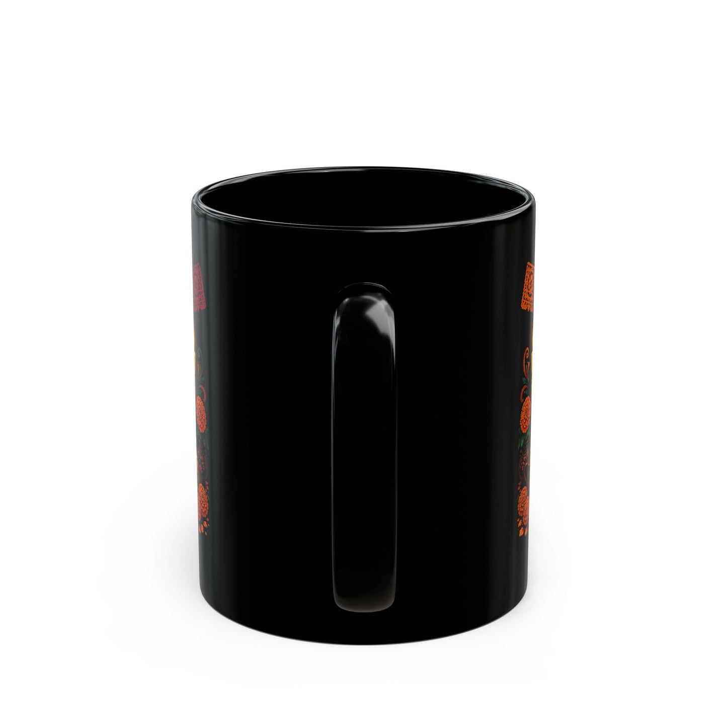 Ofrenda Sugar Skull Mug — Day of the Dead Black Ceramic Coffee Cup
