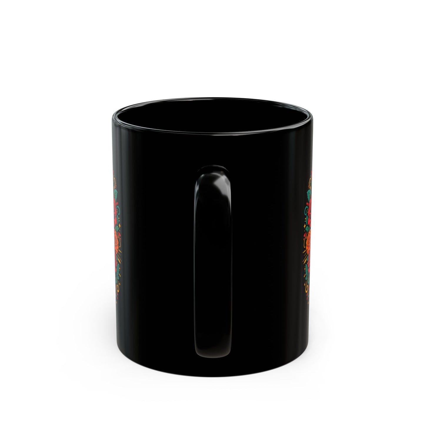 Sacred Heart Sugar Skull Mug — Day of the Dead Black Ceramic Coffee Cup