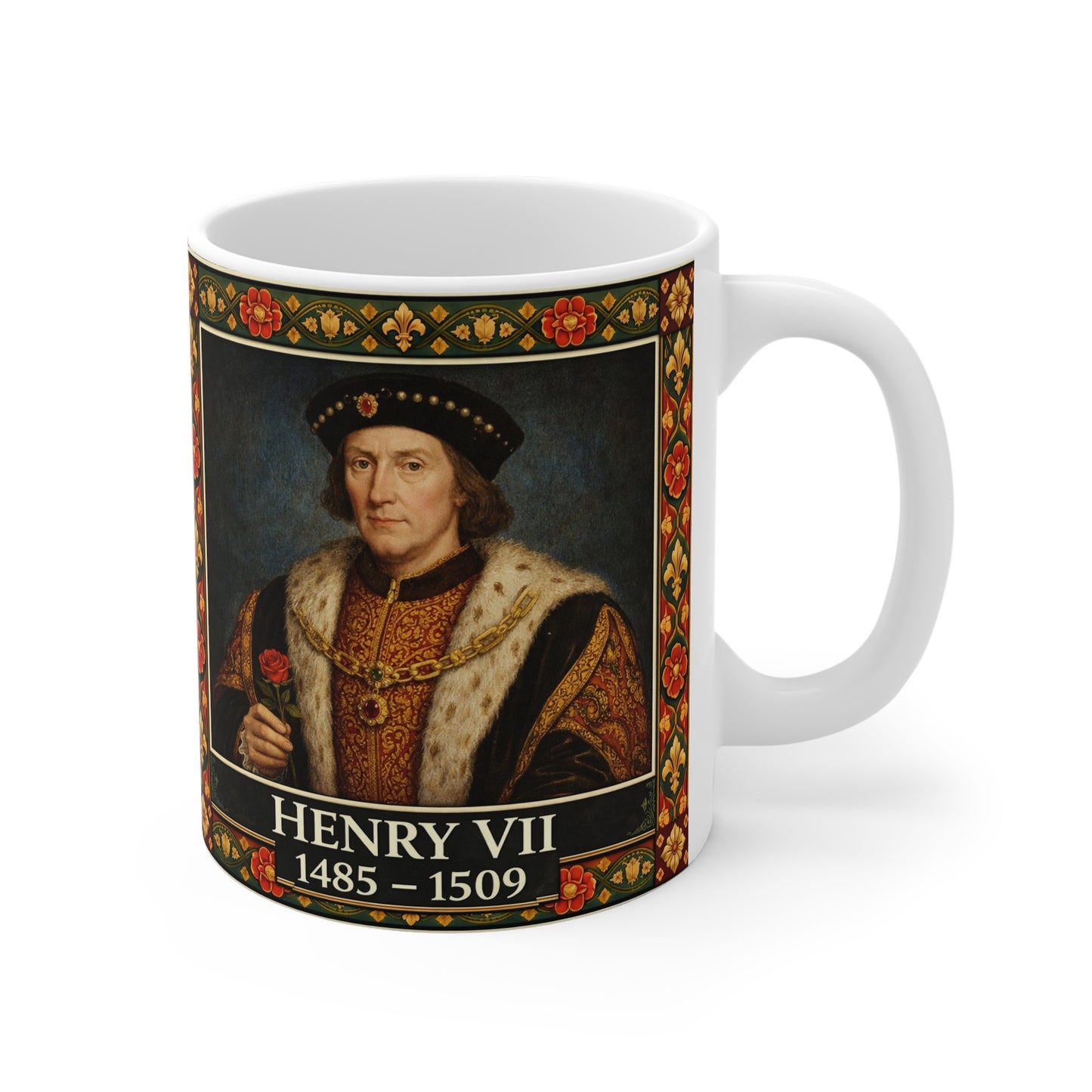Henry VII Portrait Mug with Tudor Pattern — Tudor History Gift