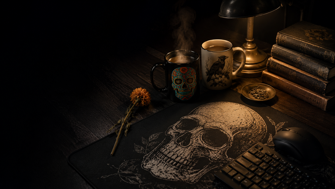 A dark wooden desk at night lit by a single warm lamp, laid with a black skull-print desk mat and gothic Halloween mugs including a colourful sugar skull design