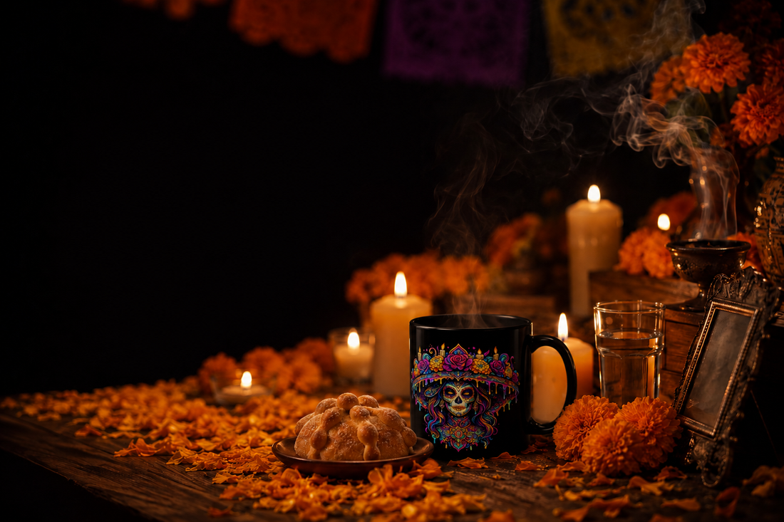 An ofrenda altar at night — marigold petals, lit candles, pan de muerto and a mug set among the offerings