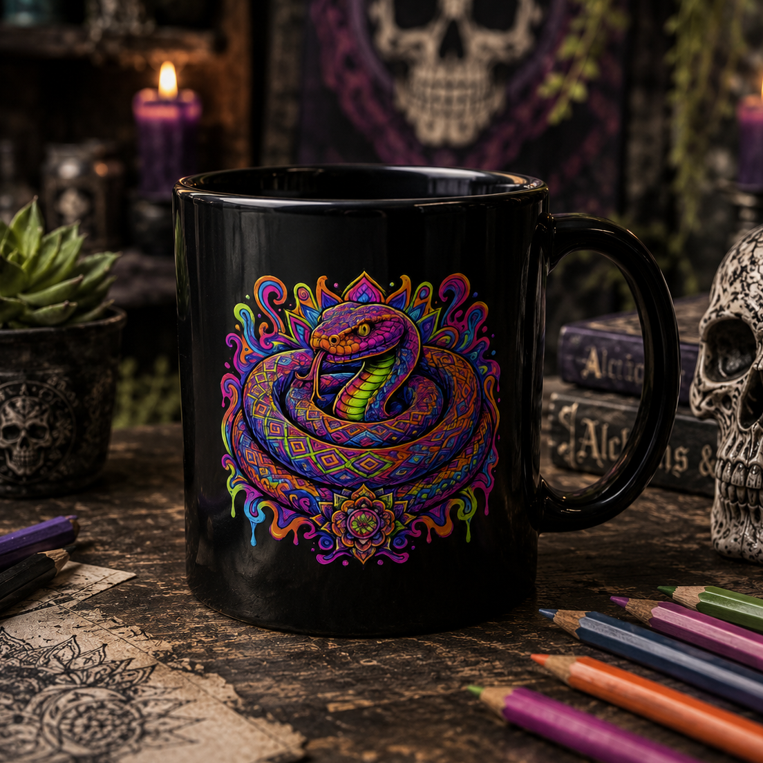 Rainbow psychedelic serpent coiled on a black ceramic trippy coffee mug