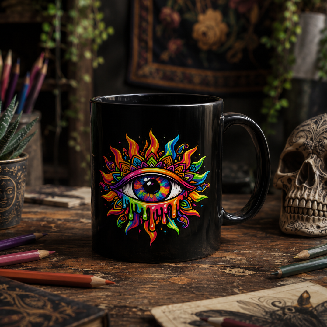 Psychedelic sun with an all-seeing eye in vivid neon colours on a black ceramic mug