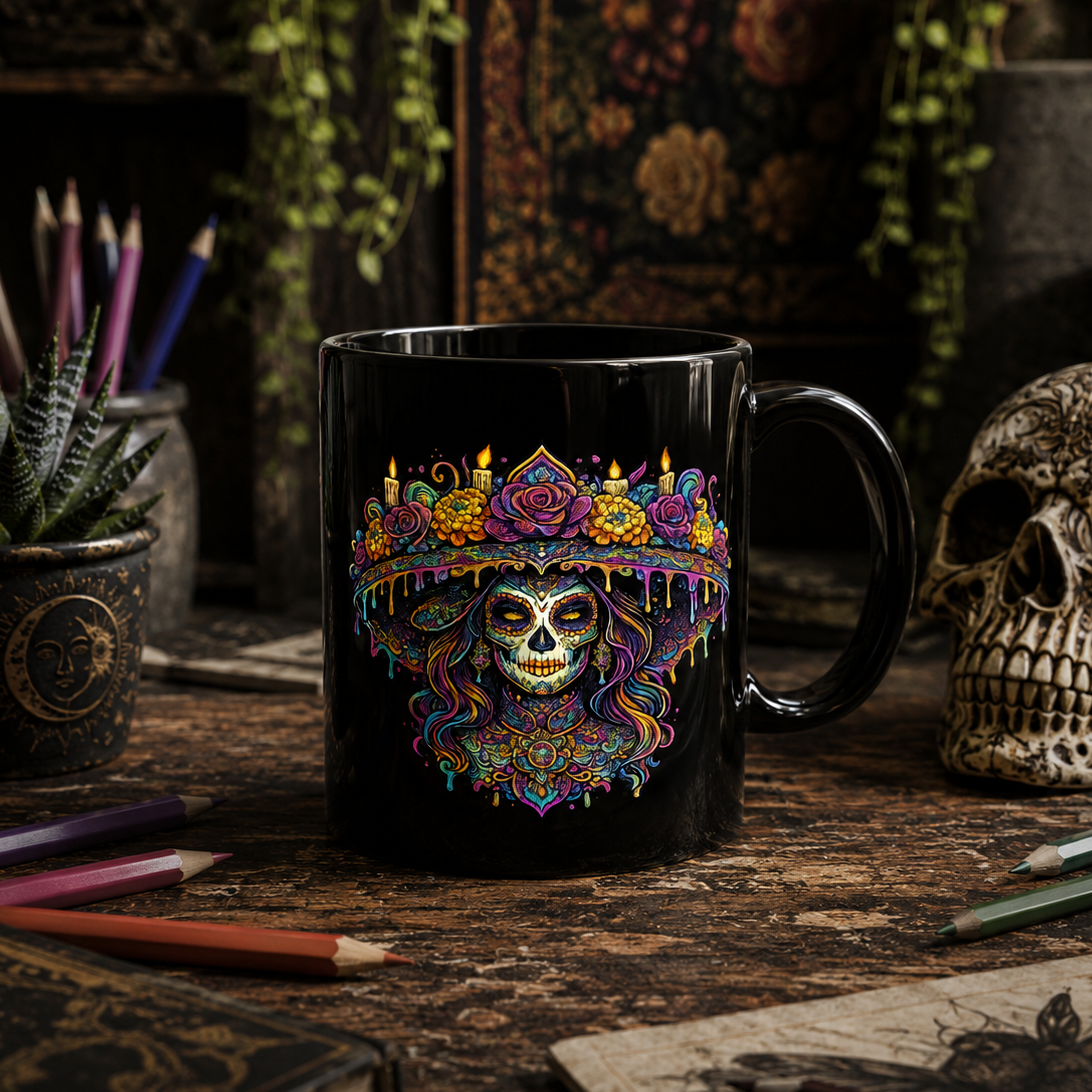 La Catrina sugar skull with candles and roses on a black ceramic Day of the Dead mug