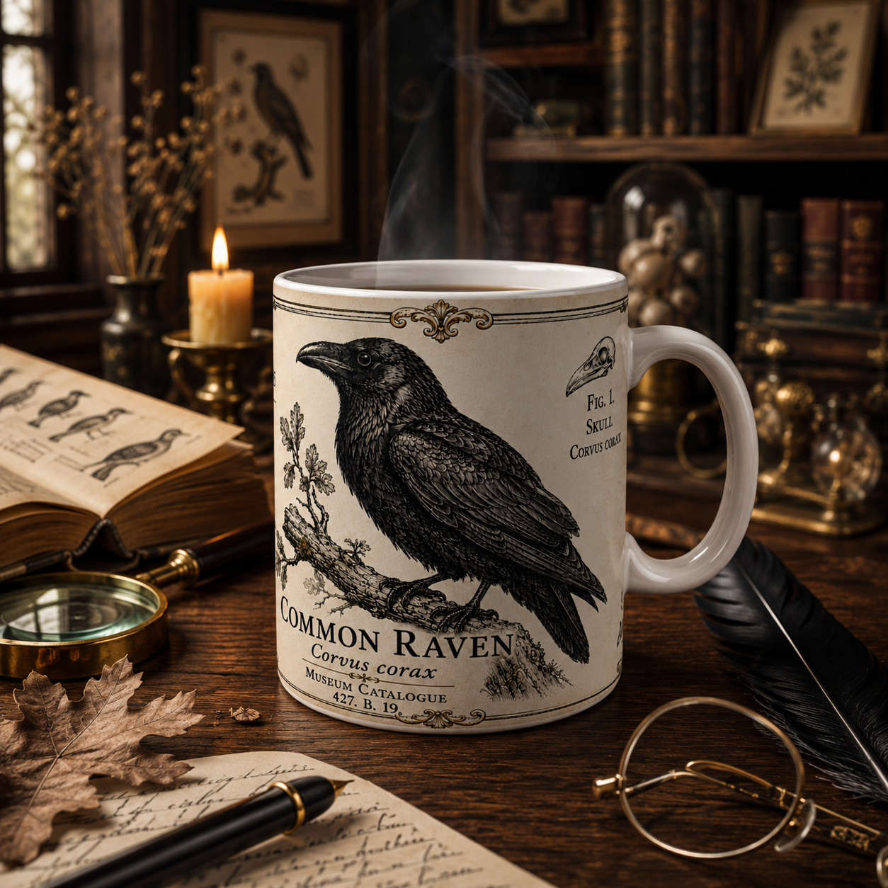 Vintage natural history illustration of a Common Raven (Corvus corax) perched on an oak branch, with specimen notes and a Victorian border of oak leaves and acorns