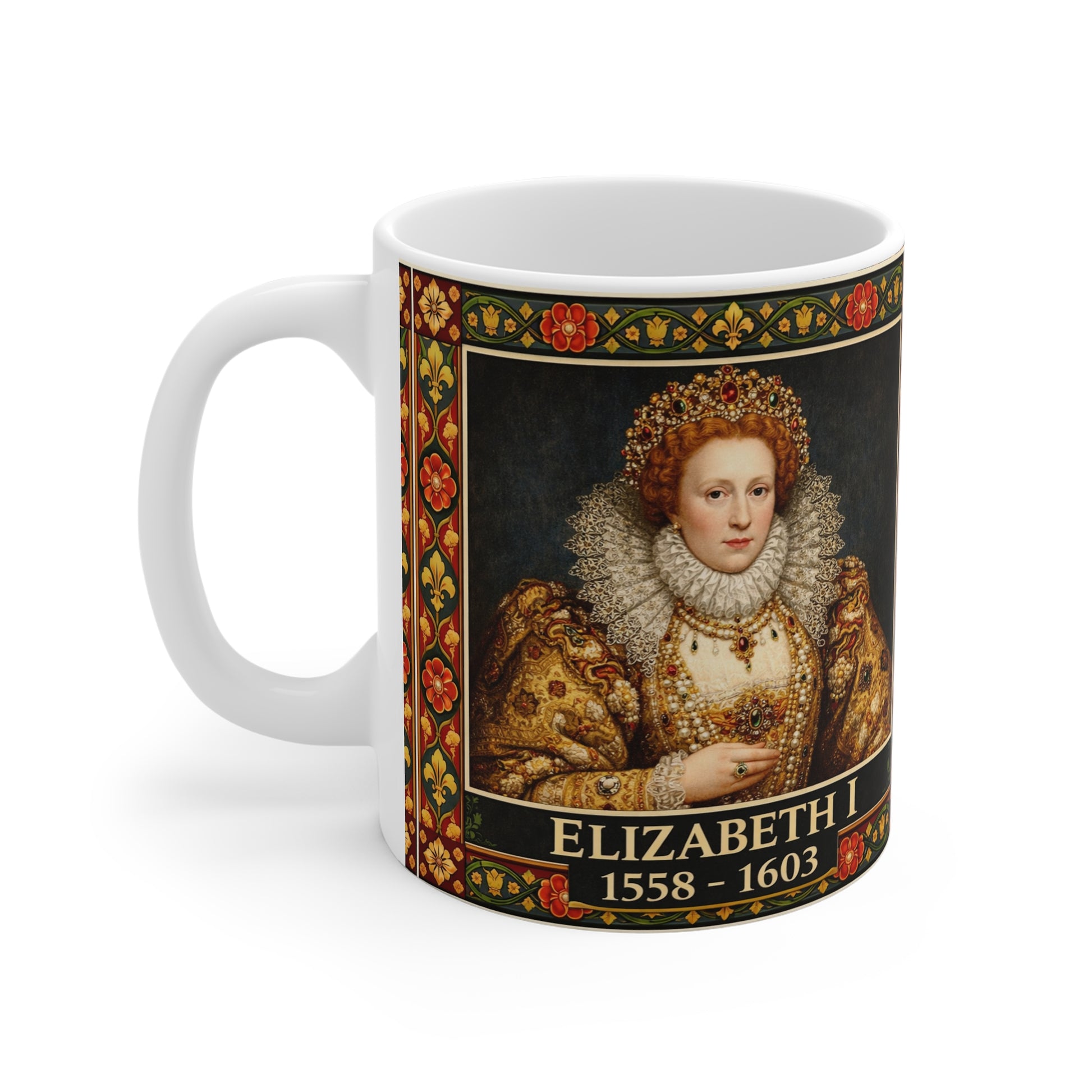 Elizabeth I Portrait Mug with Tudor Pattern — Tudor History Gift