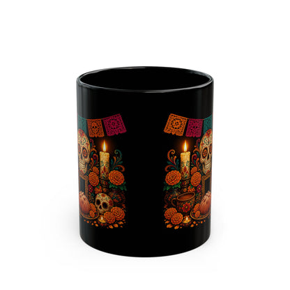 Ofrenda Sugar Skull Mug — Day of the Dead Black Ceramic Coffee Cup
