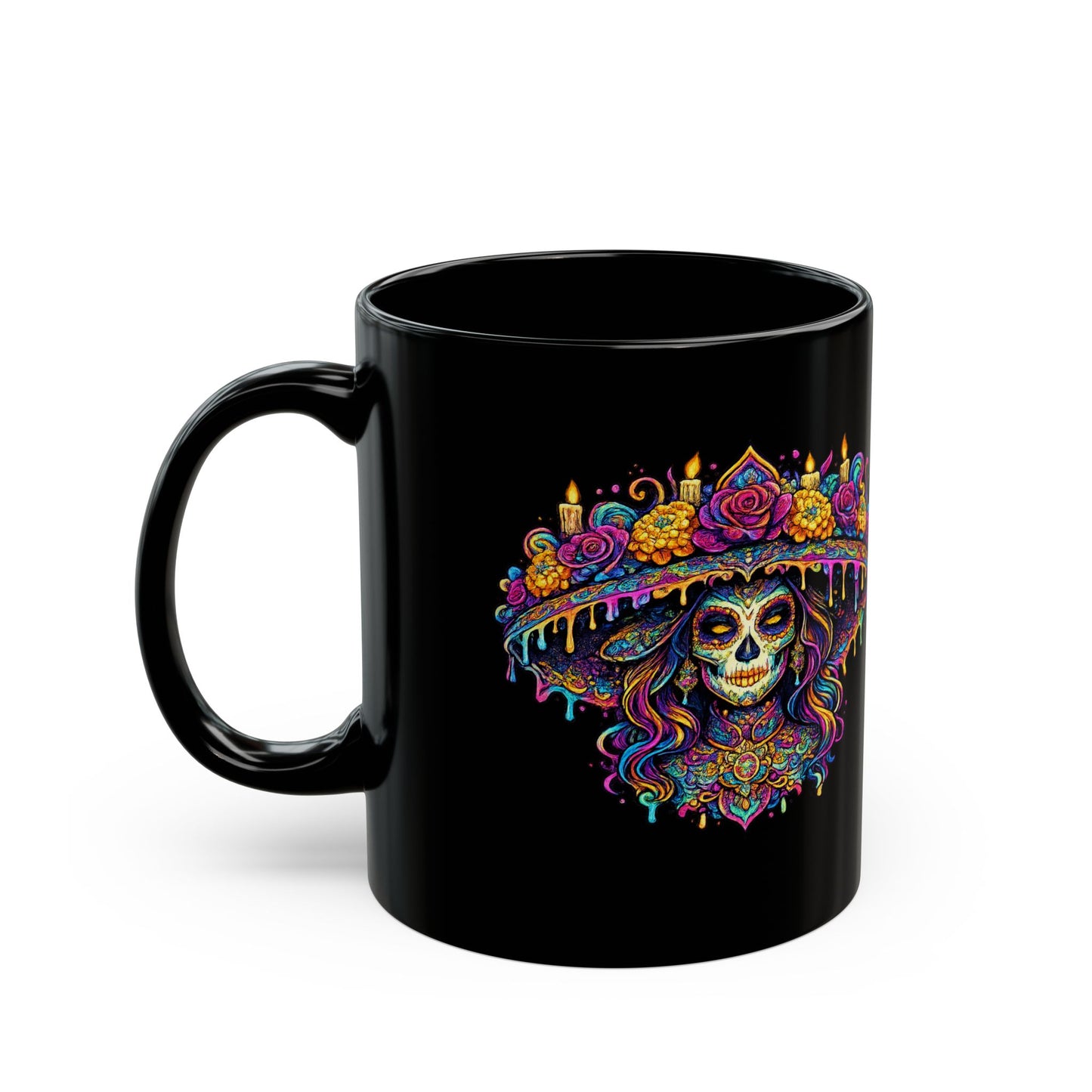 La Catrina Sugar Skull Mug — Day of the Dead Black Ceramic Coffee Cup