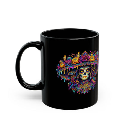 La Catrina Sugar Skull Mug — Day of the Dead Black Ceramic Coffee Cup