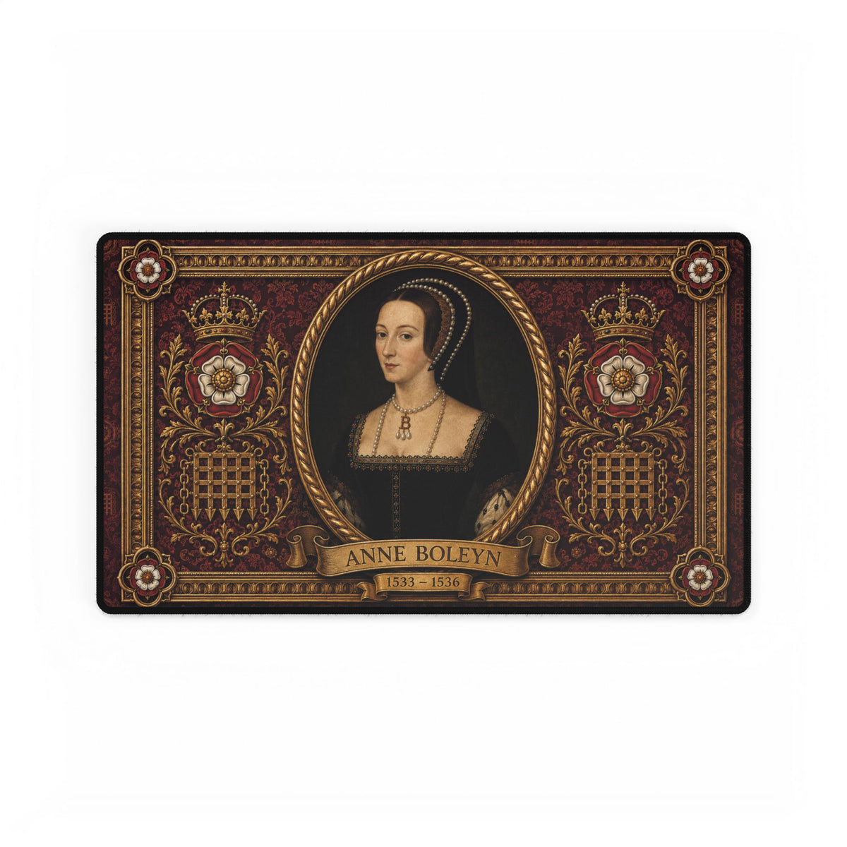Anne Boleyn desk mat shown flat, 23.6 x 13.8 inch mouse pad