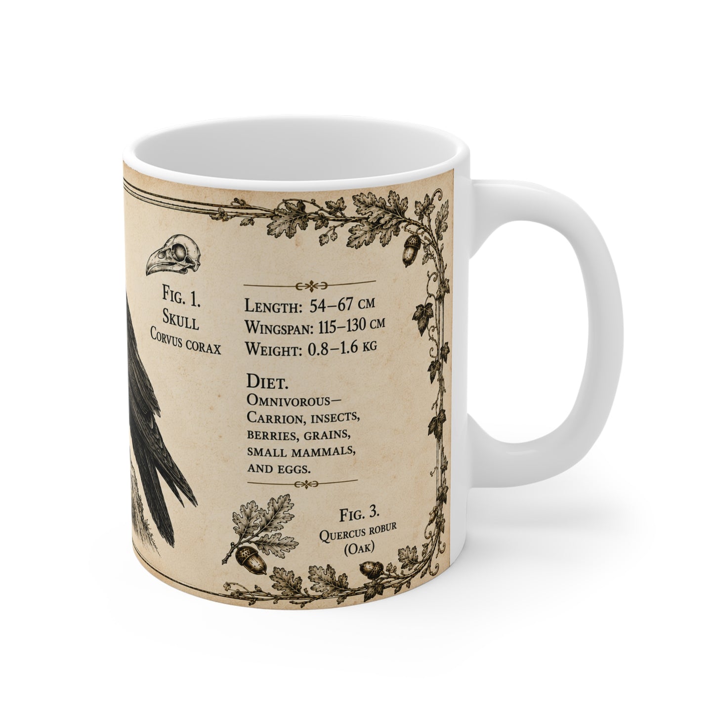 Common Raven vintage illustration mug — 11oz white ceramic, handle view