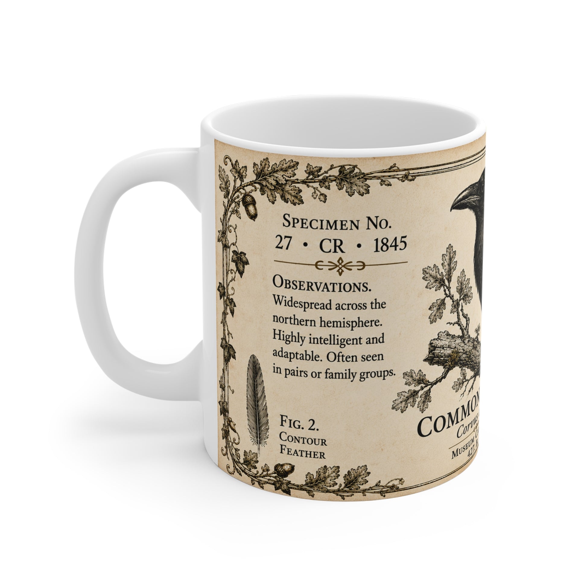 Common Raven vintage illustration mug — 11oz white ceramic, side view