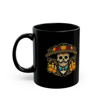El Catrín Sugar Skull Mug — Day of the Dead Black Ceramic Coffee Cup