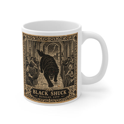 Wraparound view of the Black Shuck woodcut design circling a white ceramic mug