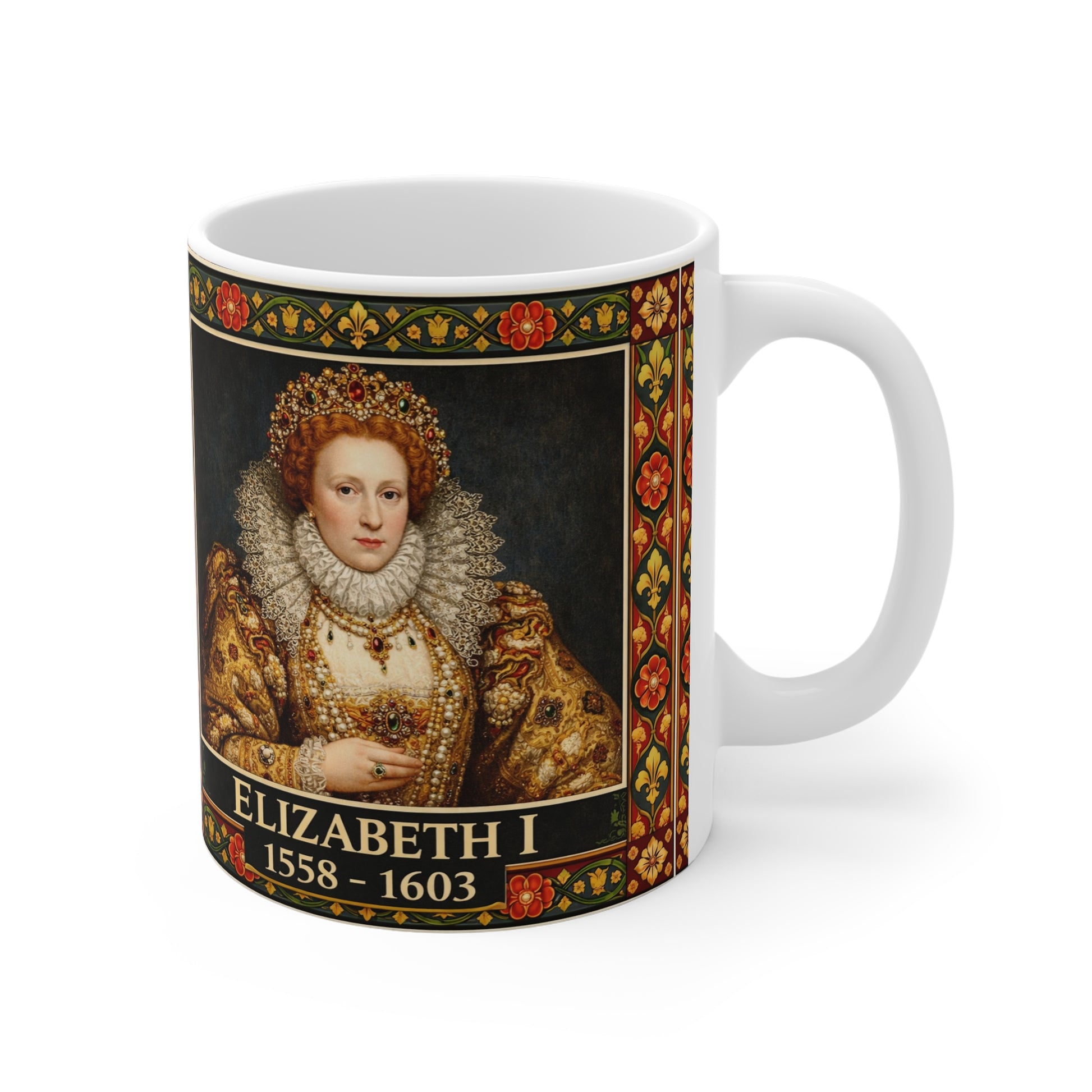 Elizabeth I Portrait Mug with Tudor Pattern — Tudor History Gift