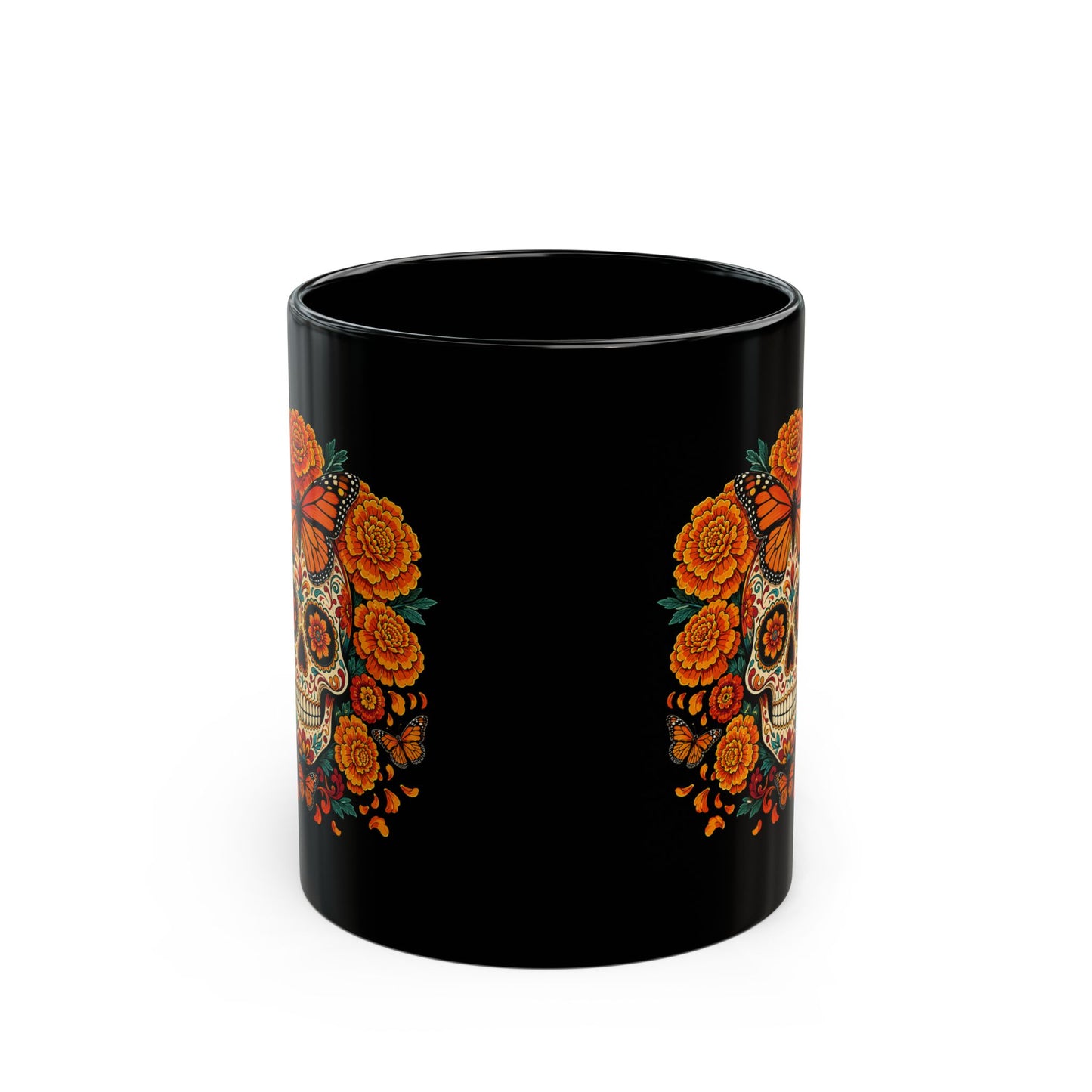 Marigold & Monarch Sugar Skull Mug — Day of the Dead Black Ceramic Coffee Cup