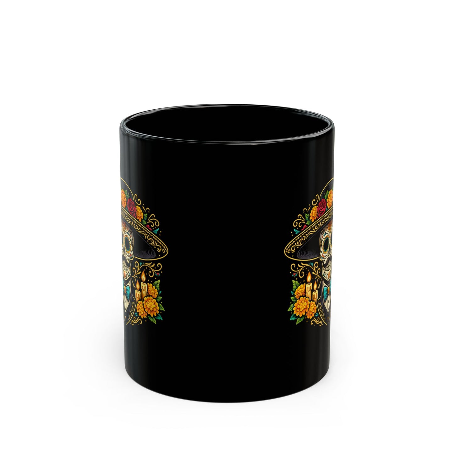 El Catrín Sugar Skull Mug — Day of the Dead Black Ceramic Coffee Cup