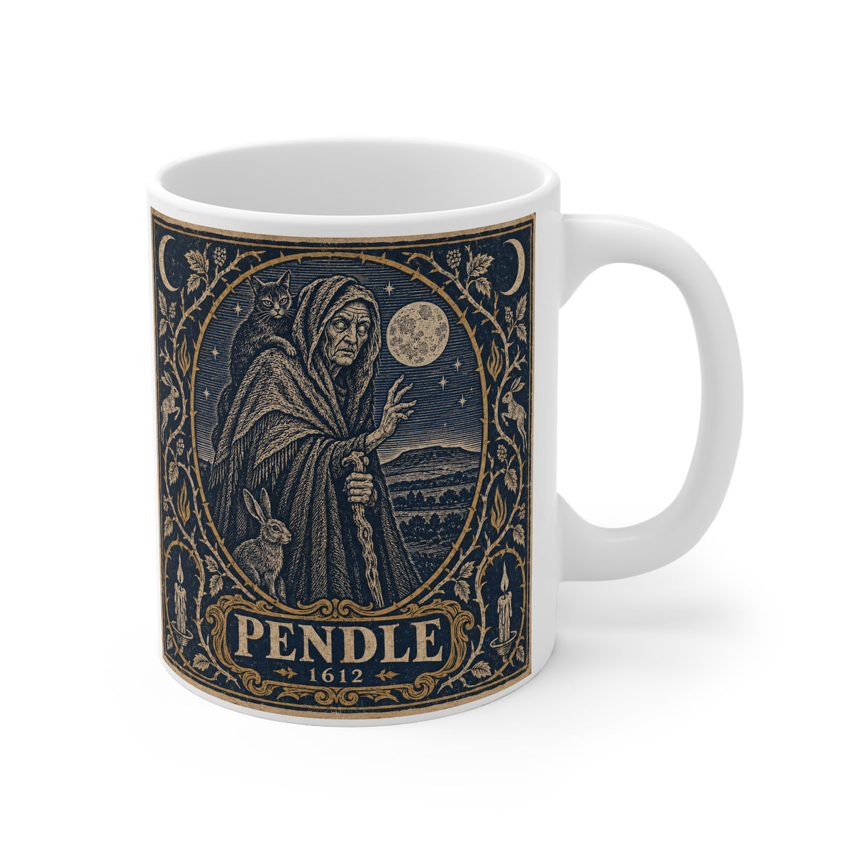 Wraparound view of the Pendle Witch 1612 design circling a white ceramic mug