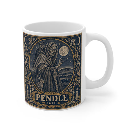 Wraparound view of the Pendle Witch 1612 design circling a white ceramic mug