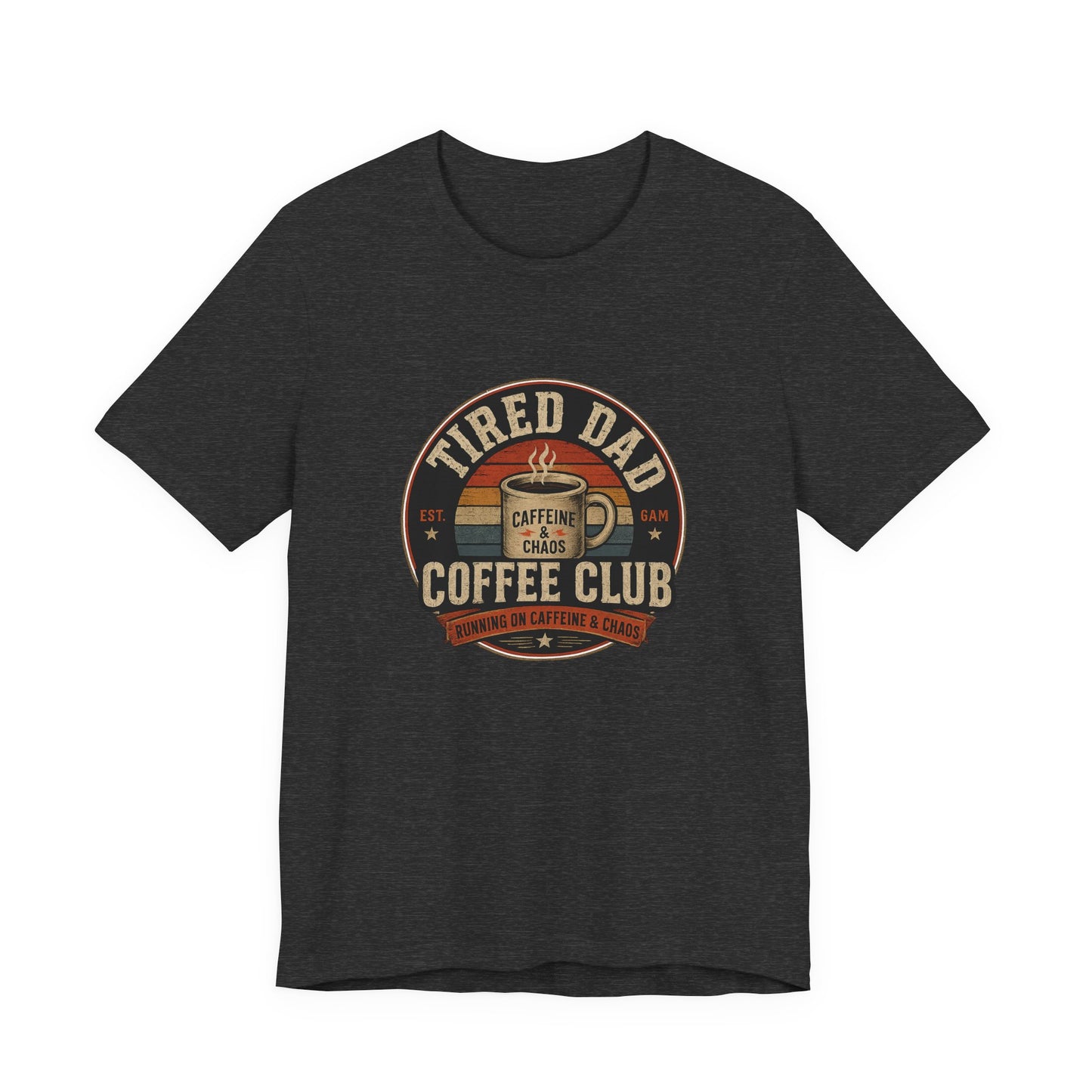 Close-up of the vintage 'Caffeine & Chaos' badge graphic on the Tired Dad Coffee Club T-Shirt