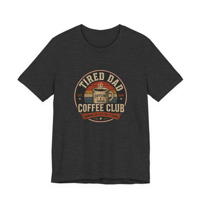 Close-up of the vintage 'Caffeine & Chaos' badge graphic on the Tired Dad Coffee Club T-Shirt
