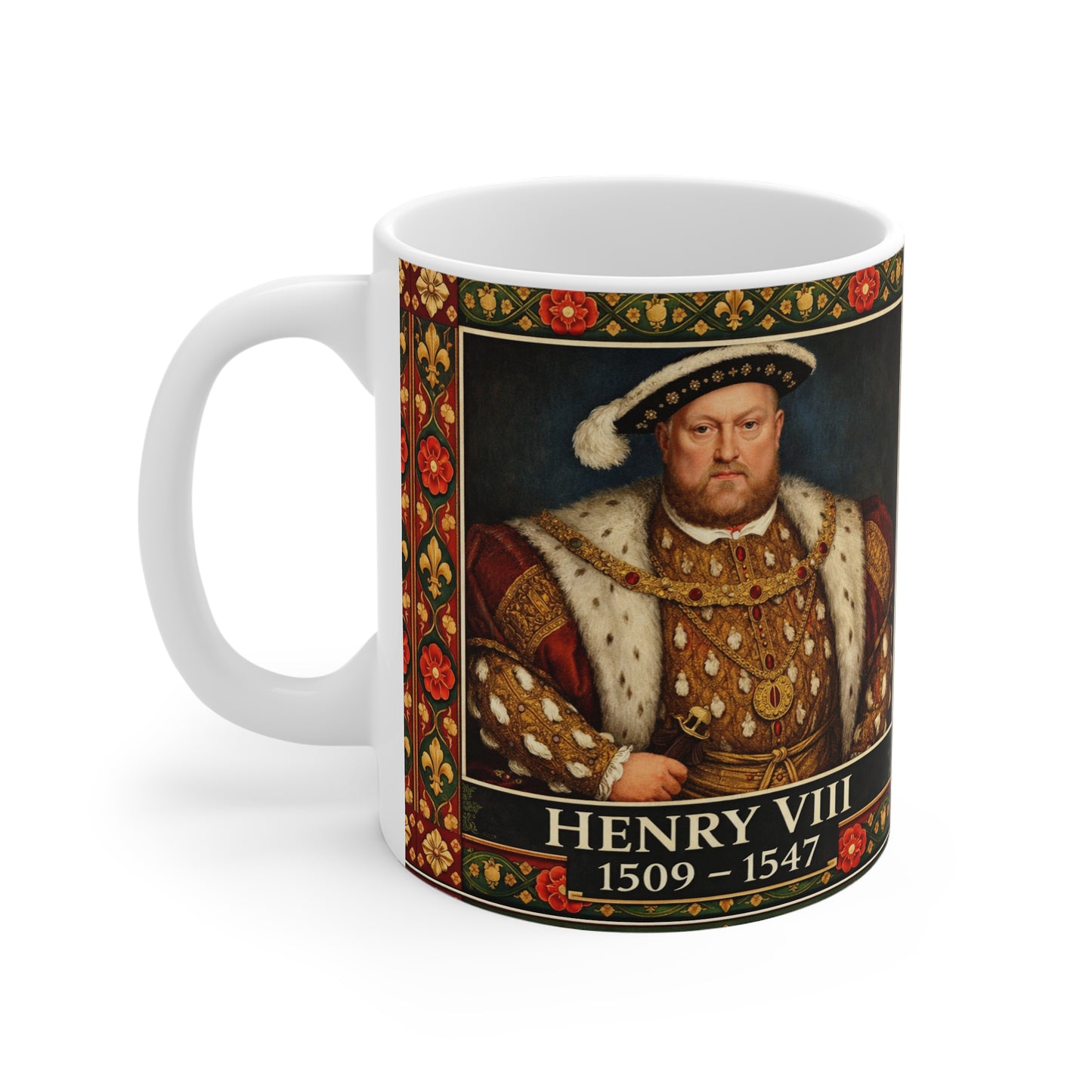 Henry VIII Portrait Mug with Tudor Pattern — Tudor History Gift