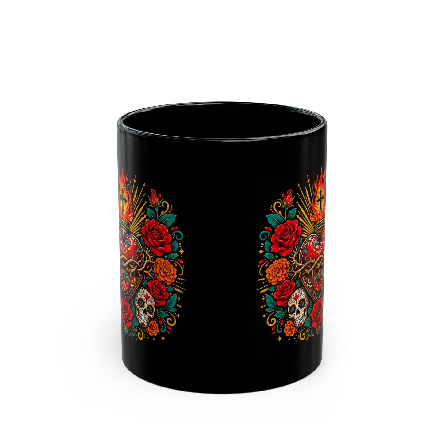 Sacred Heart Sugar Skull Mug — Day of the Dead Black Ceramic Coffee Cup