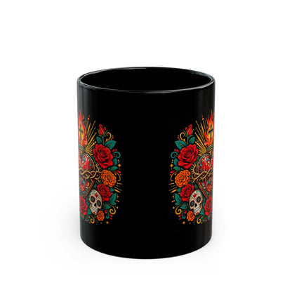 Sacred Heart Sugar Skull Mug — Day of the Dead Black Ceramic Coffee Cup