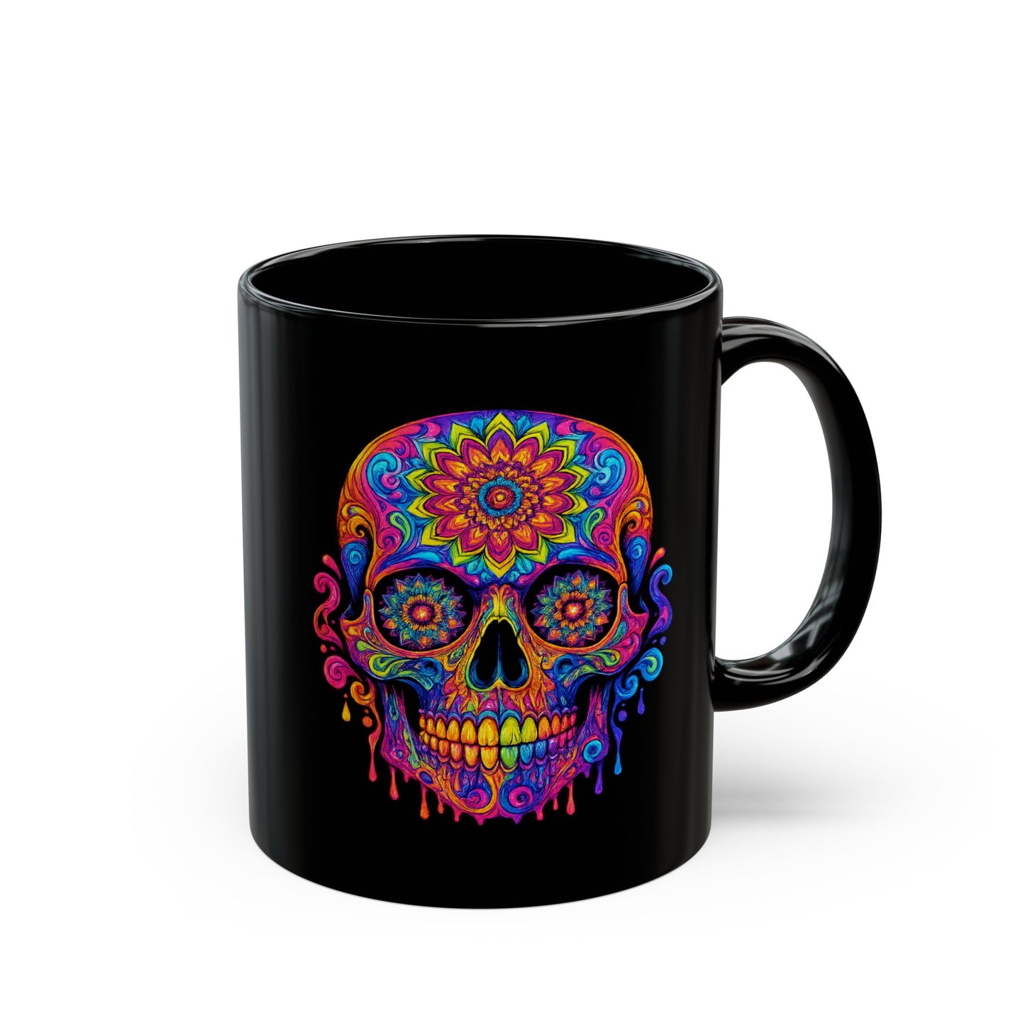 Colorful Sugar Skull Mug — Day of the Dead Black Ceramic Coffee Cup