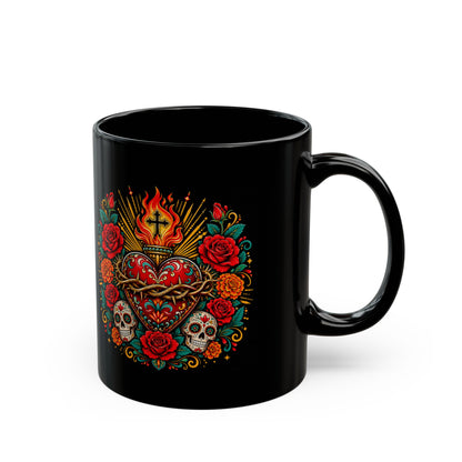 Sacred Heart Sugar Skull Mug — Day of the Dead Black Ceramic Coffee Cup
