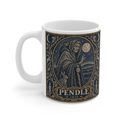 Pendle Witch mug — antique woodcut of Old Demdike cloaked beneath Pendle Hill and a full moon, on an 11oz white ceramic mug