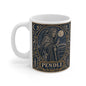 Pendle Witch mug — antique woodcut of Old Demdike cloaked beneath Pendle Hill and a full moon, on an 11oz white ceramic mug