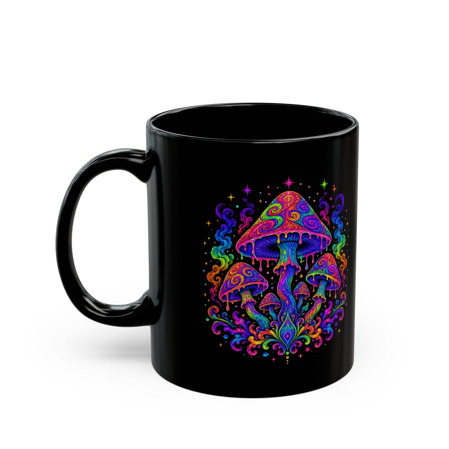 Psychedelic Rainbow Mushroom Mug — Trippy Black Ceramic Coffee Cup