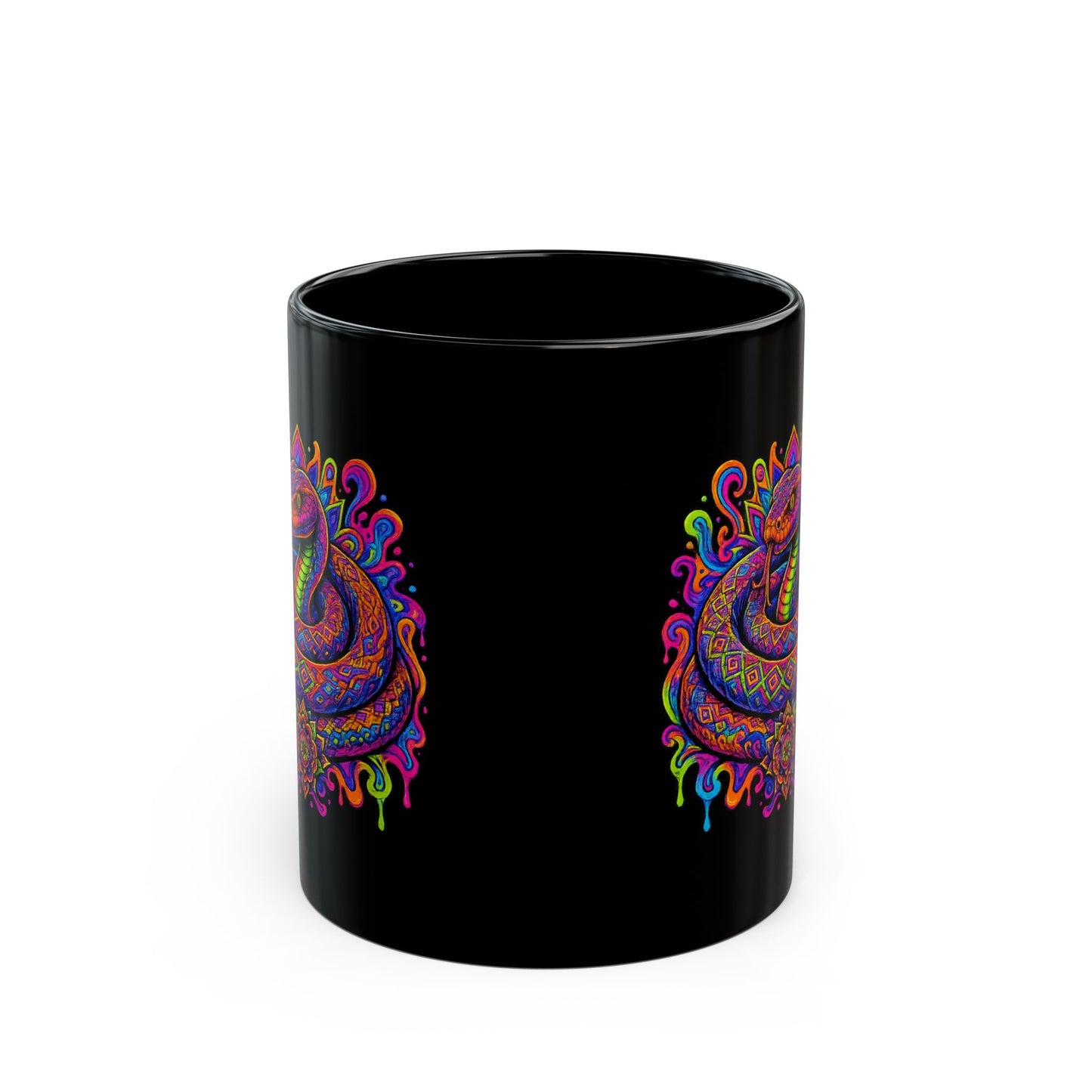 Psychedelic Rainbow Snake Mug — Trippy Serpent Black Ceramic Coffee Cup