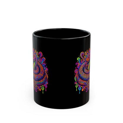 Psychedelic Rainbow Snake Mug — Trippy Serpent Black Ceramic Coffee Cup