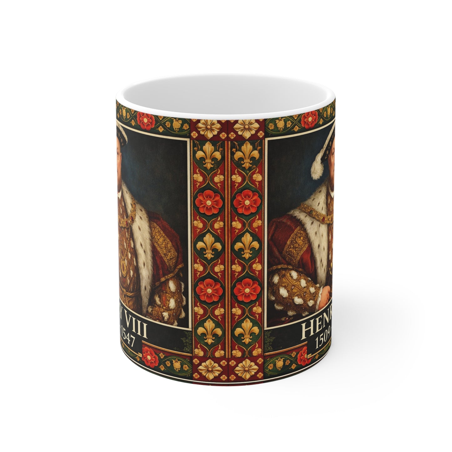 Henry VIII Portrait Mug with Tudor Pattern — Tudor History Gift