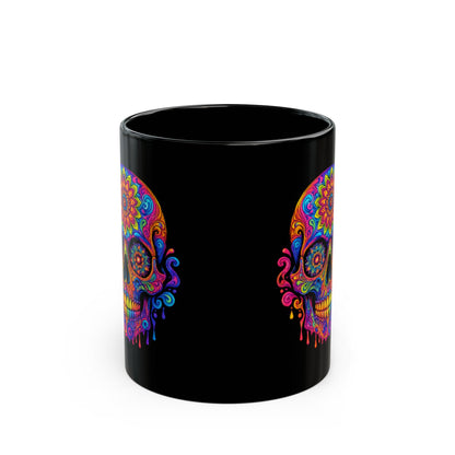 Colorful Sugar Skull Mug — Day of the Dead Black Ceramic Coffee Cup