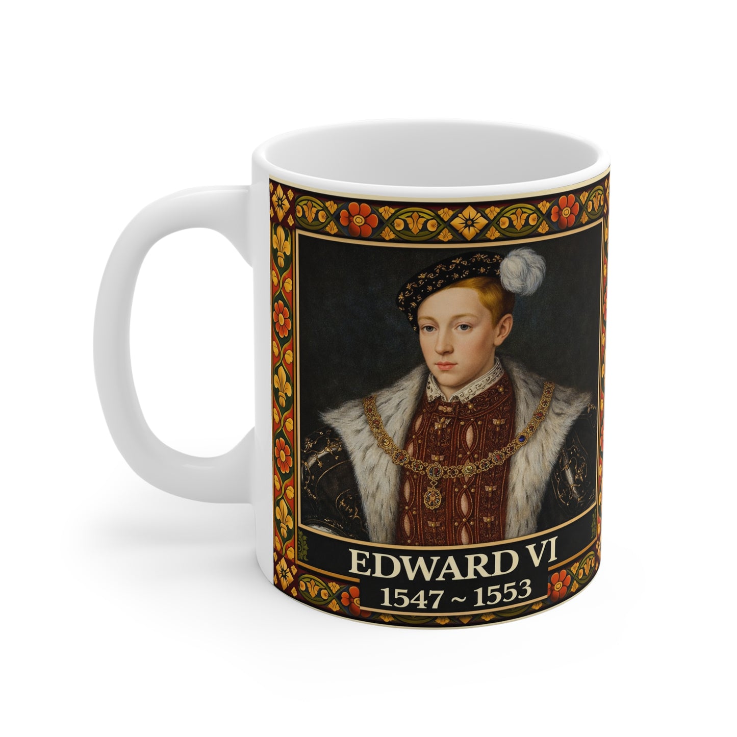 Edward VI Portrait Mug with Tudor Pattern — Tudor History Gift