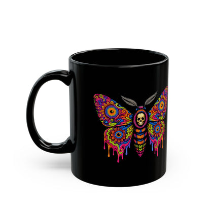 Psychedelic Moth Sugar Skull Mug — Day of the Dead Black Ceramic Coffee Cup