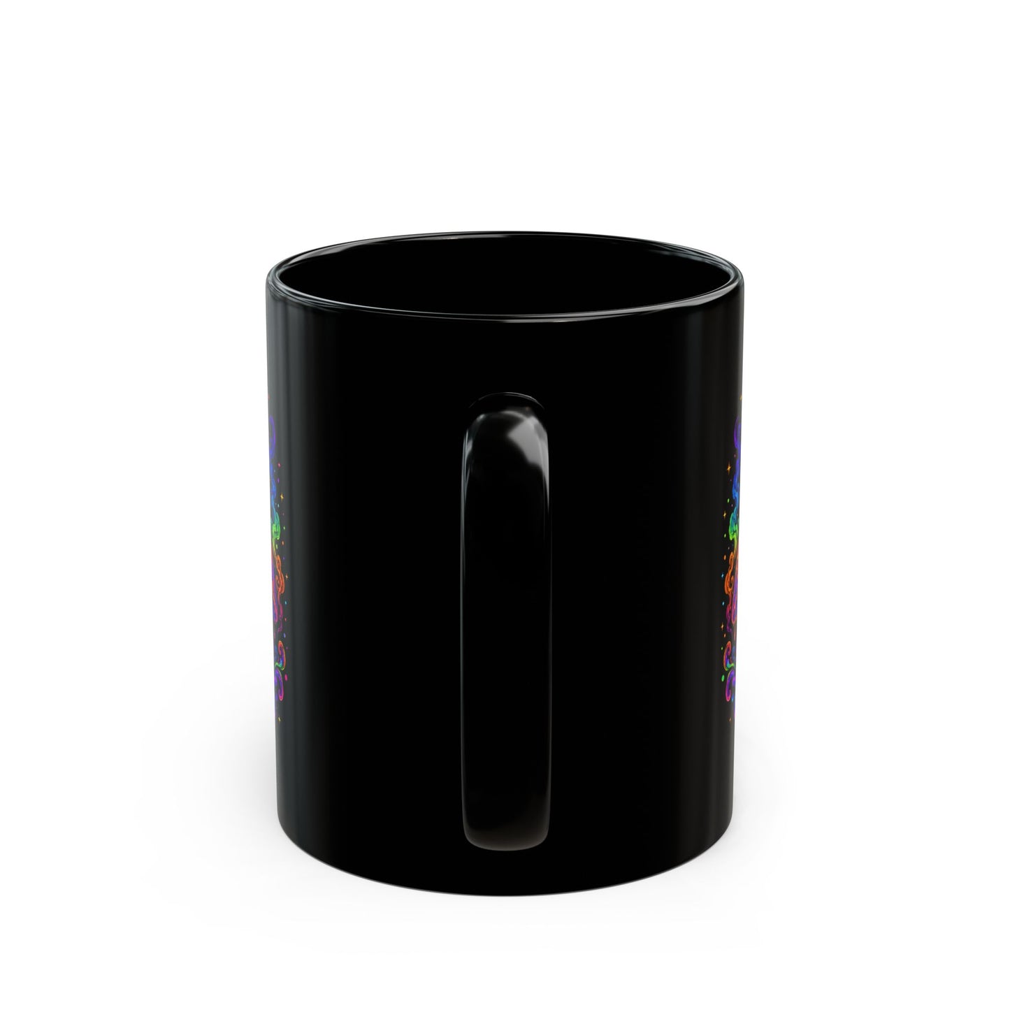 Psychedelic Rainbow Mushroom Mug — Trippy Black Ceramic Coffee Cup
