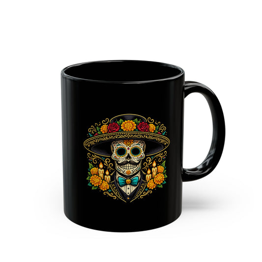 El Catrín sugar skull design wrapping an 11oz black ceramic mug