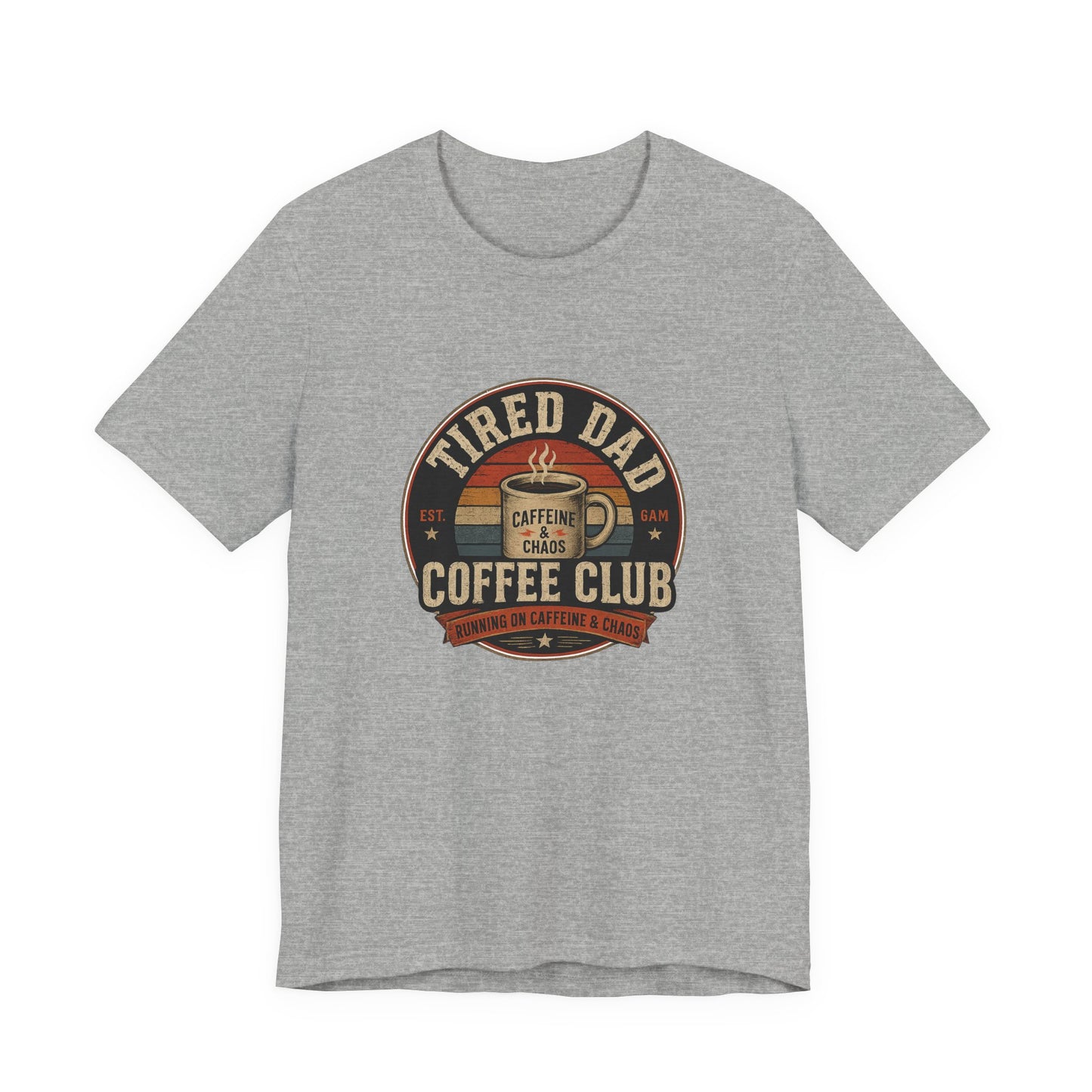 Tired Dad Coffee Club T-Shirt back view showing the plain back of the unisex Bella+Canvas tee