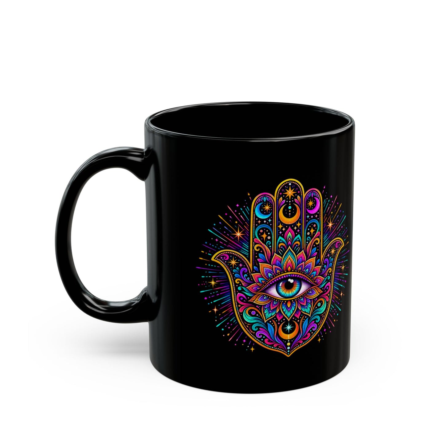 Psychedelic Hamsa Hand Mug — Third Eye Black Ceramic Coffee Cup