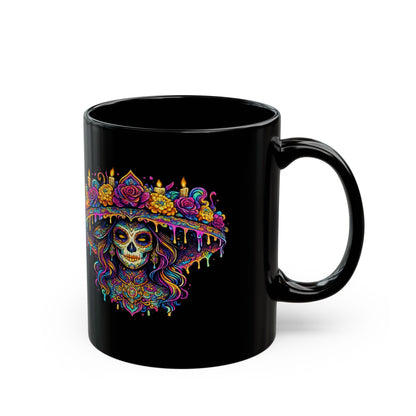 La Catrina Sugar Skull Mug — Day of the Dead Black Ceramic Coffee Cup